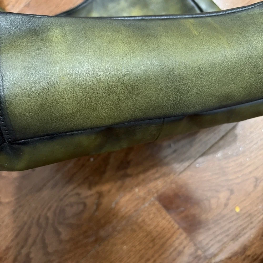 LRTO Leather Tote Bag Hand Painted Dalmatian Dog Olive Green Large Art Bag‎